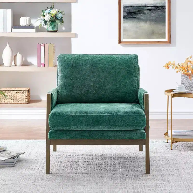 Poltrona moderna in velluto per soggiorno, sedia imbottita in stile Mid-Century con gambe in legno di gomma per sala lettura o camera da letto