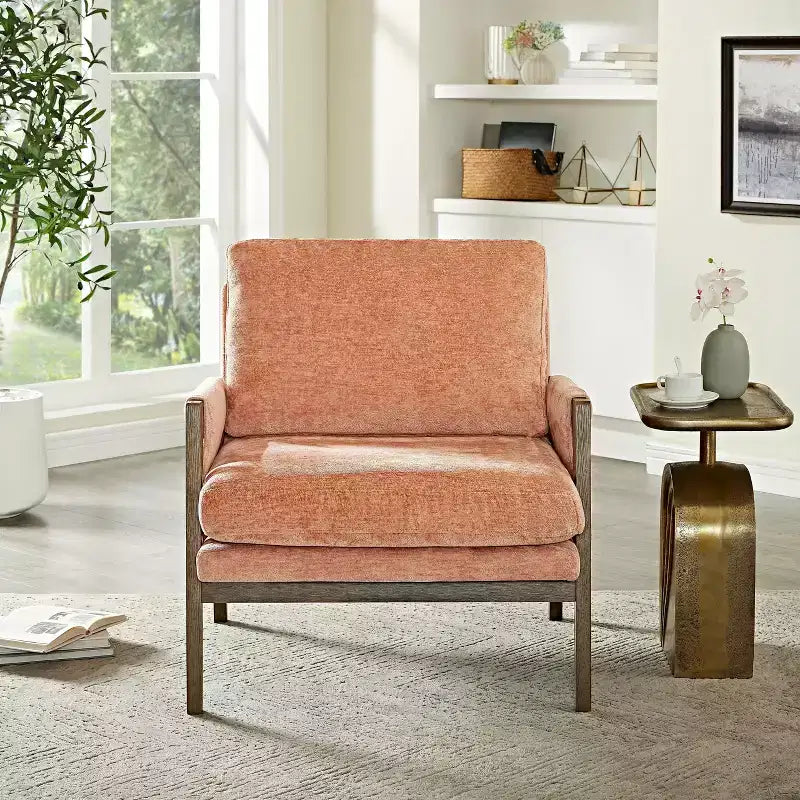 Poltrona moderna in velluto per soggiorno, sedia imbottita in stile Mid-Century con gambe in legno di gomma per sala lettura o camera da letto