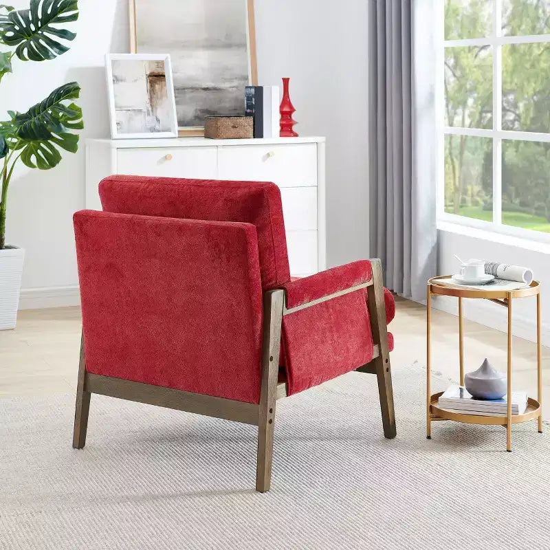 Poltrona moderna in velluto per soggiorno, sedia imbottita in stile Mid-Century con gambe in legno di gomma per sala lettura o camera da letto