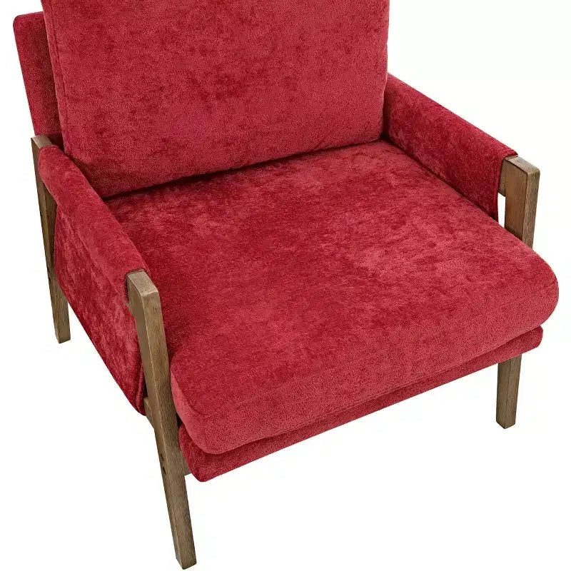 Poltrona moderna in velluto per soggiorno, sedia imbottita in stile Mid-Century con gambe in legno di gomma per sala lettura o camera da letto