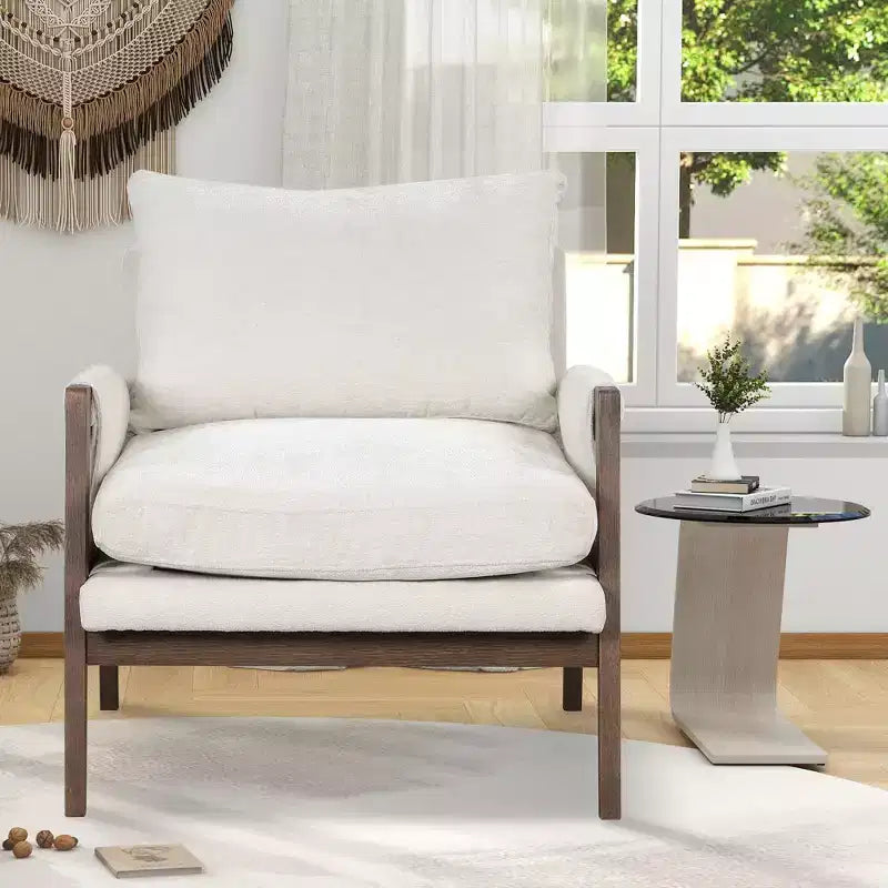 Poltrona moderna in velluto per soggiorno, sedia imbottita in stile Mid-Century con gambe in legno di gomma per sala lettura o camera da letto