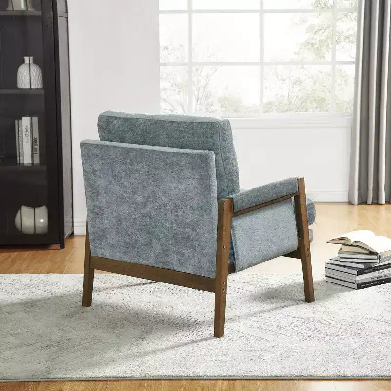 Poltrona moderna in velluto per soggiorno, sedia imbottita in stile Mid-Century con gambe in legno di gomma per sala lettura o camera da letto