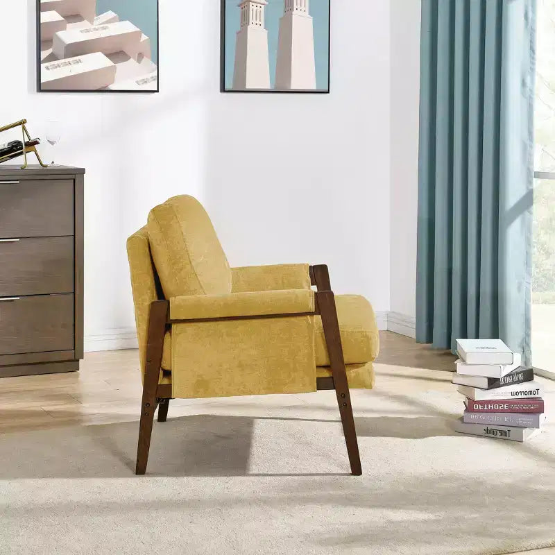 Poltrona moderna in velluto per soggiorno, sedia imbottita in stile Mid-Century con gambe in legno di gomma per sala lettura o camera da letto