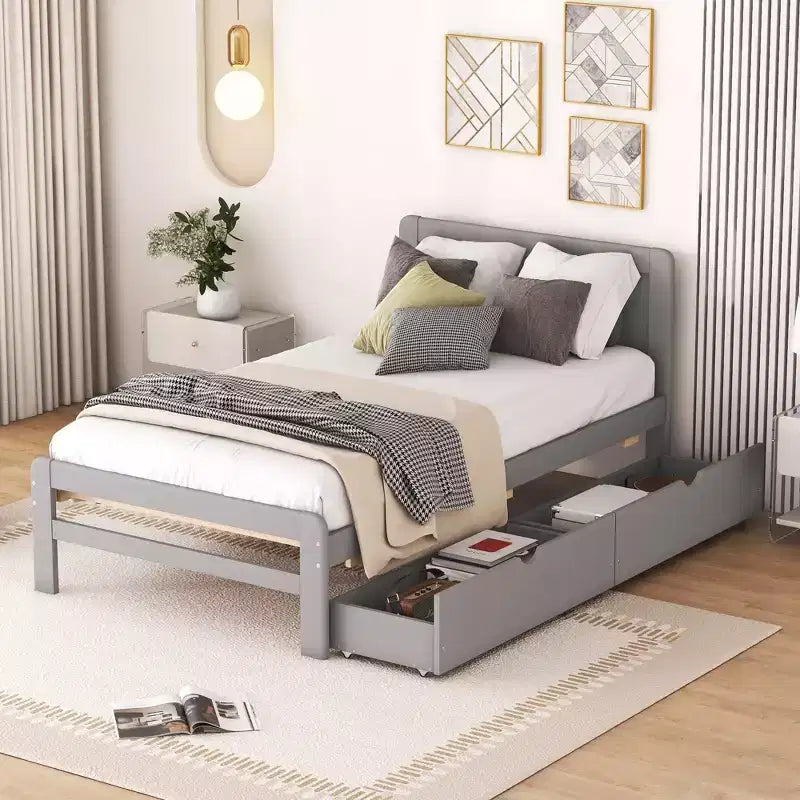 Struttura letto a piattaforma moderna singola con 2 cassetti portaoggetti, robusto letto a piattaforma in legno, silenzioso, non richiede molle, facile da montare