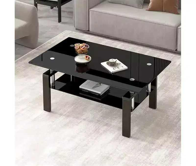 Tavolino da caffè in vetro, tavolino da caffè laterale moderno per soggiorno, tavolino da tè a 2 ripiani con piano in vetro temperato, ripiano inferiore per soggiorno