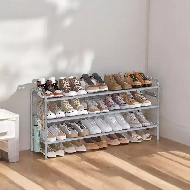 Scarpiera, Organizer per Scarpe a 3 Livelli, Scaffale Porta Scarpe in Tessuto con 4 Ganci, Contiene Fino a 18 Paia di Scarpe, Scarpiera Regolabile in Altezza per Ingresso