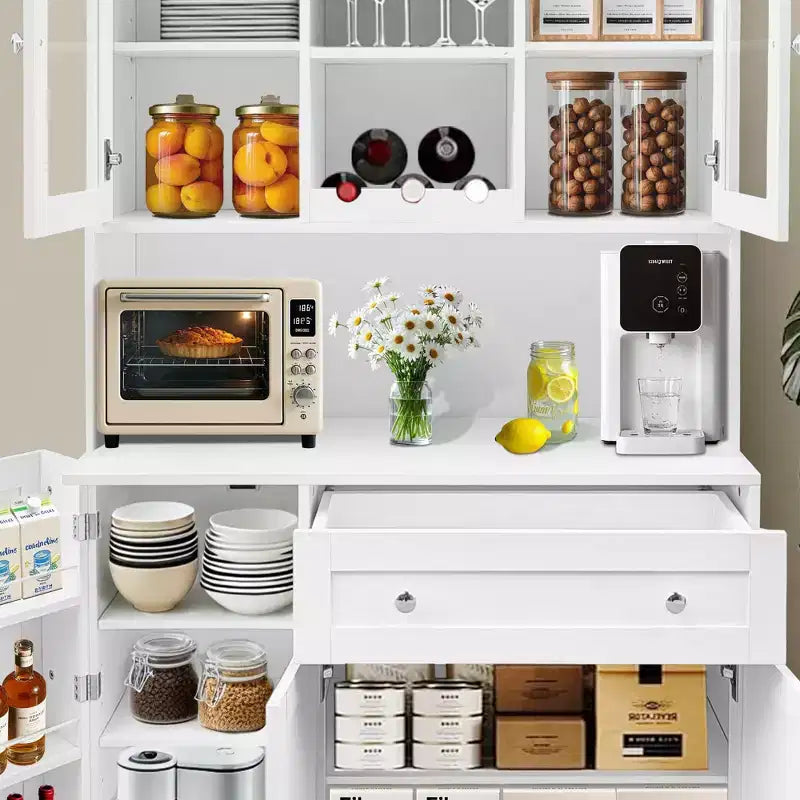 Mobile dispensa da cucina da 68 pollici, mobile credenza da cucina autoportante con portabottiglie, cassetto e ante a ripiani