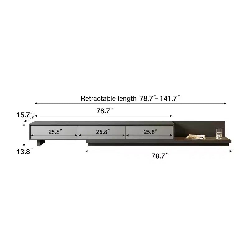 Mobile TV espandibile Mid-Century Modern 78.7, con una larghezza massima di 141.7, con 3 cassetti contenitore
