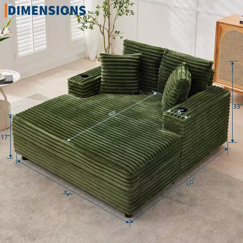Chaise longue sovradimensionata da 54 pollici, divano letto imbottito con 4 cuscini e portabicchieri, comodo divano in velluto a coste per soggiorno e camera da letto, verde