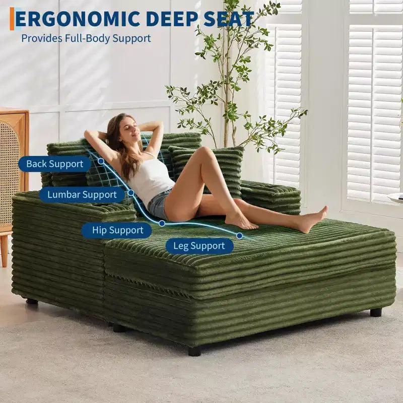 Chaise longue sovradimensionata da 54 pollici, divano letto imbottito con 4 cuscini e portabicchieri, comodo divano in velluto a coste per soggiorno e camera da letto, verde