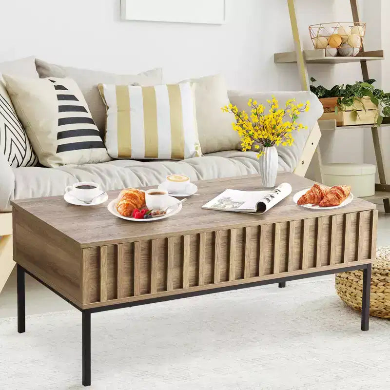 Tavolino da caffè in legno con piano sollevabile 110 cm, tavolino da soggiorno con vano portaoggetti nascosto, tavolo da pranzo con piano sollevabile, finitura teak