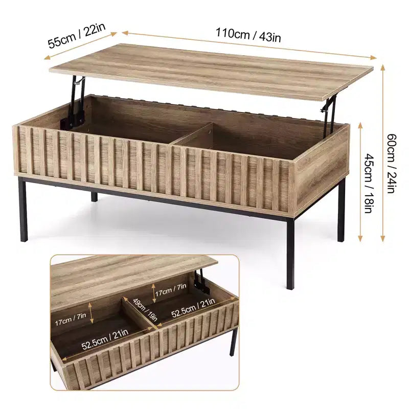 Tavolino da caffè in legno con piano sollevabile 110 cm, tavolino da soggiorno con vano portaoggetti nascosto, tavolo da pranzo con piano sollevabile, finitura teak