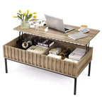 Tavolino da caffè in legno con piano sollevabile 110 cm, tavolino da soggiorno con vano portaoggetti nascosto, tavolo da pranzo con piano sollevabile, finitura teak