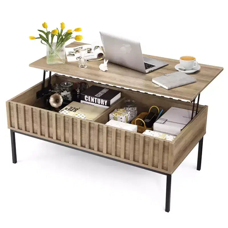 Tavolino da caffè in legno con piano sollevabile 110 cm, tavolino da soggiorno con vano portaoggetti nascosto, tavolo da pranzo con piano sollevabile, finitura teak