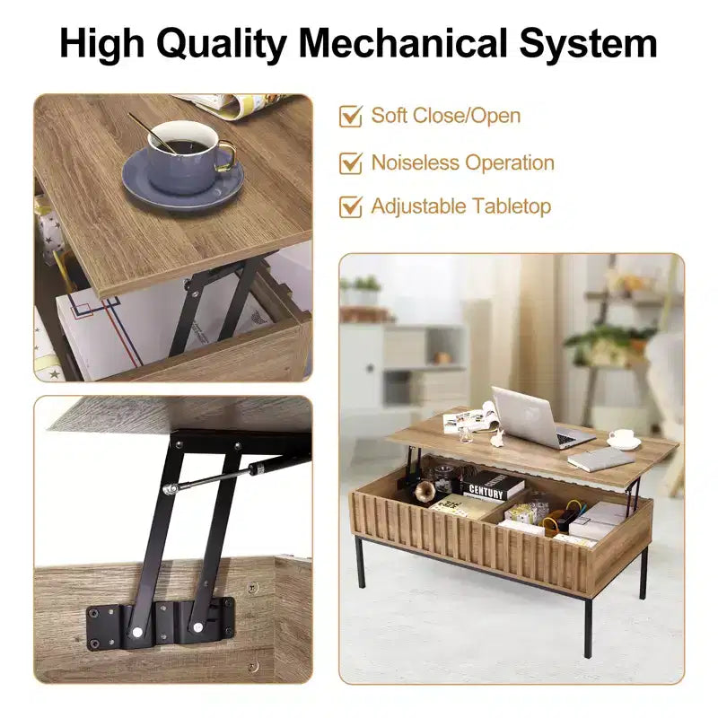 Tavolino da caffè in legno con piano sollevabile 110 cm, tavolino da soggiorno con vano portaoggetti nascosto, tavolo da pranzo con piano sollevabile, finitura teak