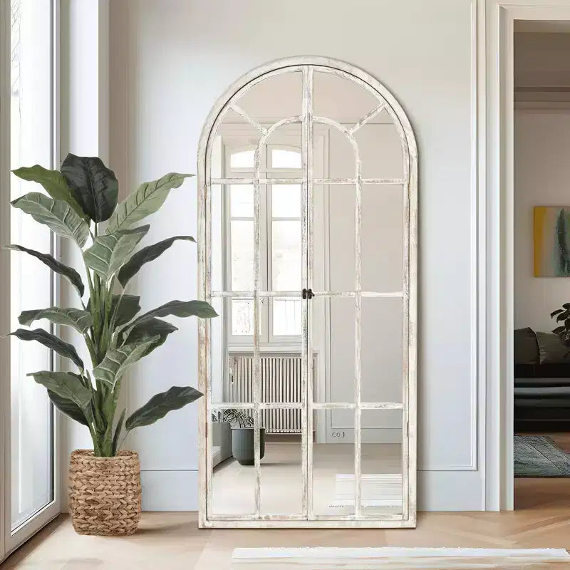 Specchio a figura intera Griglia in legno massello ad angolo retto ad arco 71x31x1 pollici Apribile Senza Supporto