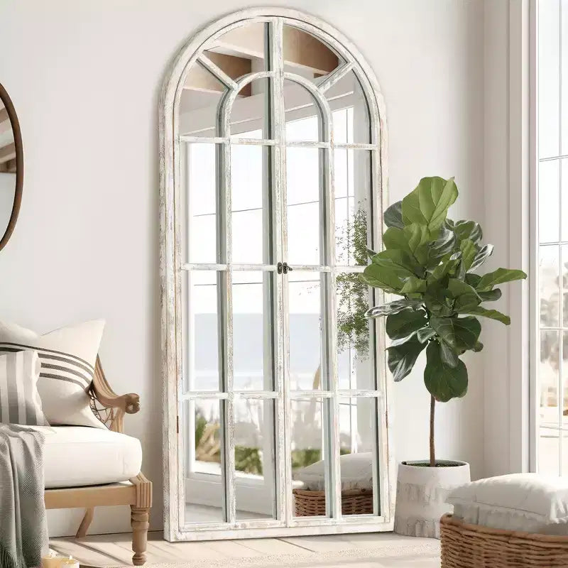 Specchio a figura intera Griglia in legno massello ad angolo retto ad arco 71x31x1 pollici Apribile Senza Supporto