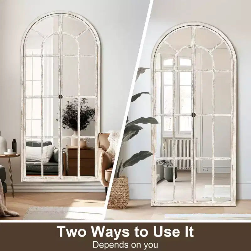 Specchio a figura intera Griglia in legno massello ad angolo retto ad arco 71x31x1 pollici Apribile Senza Supporto