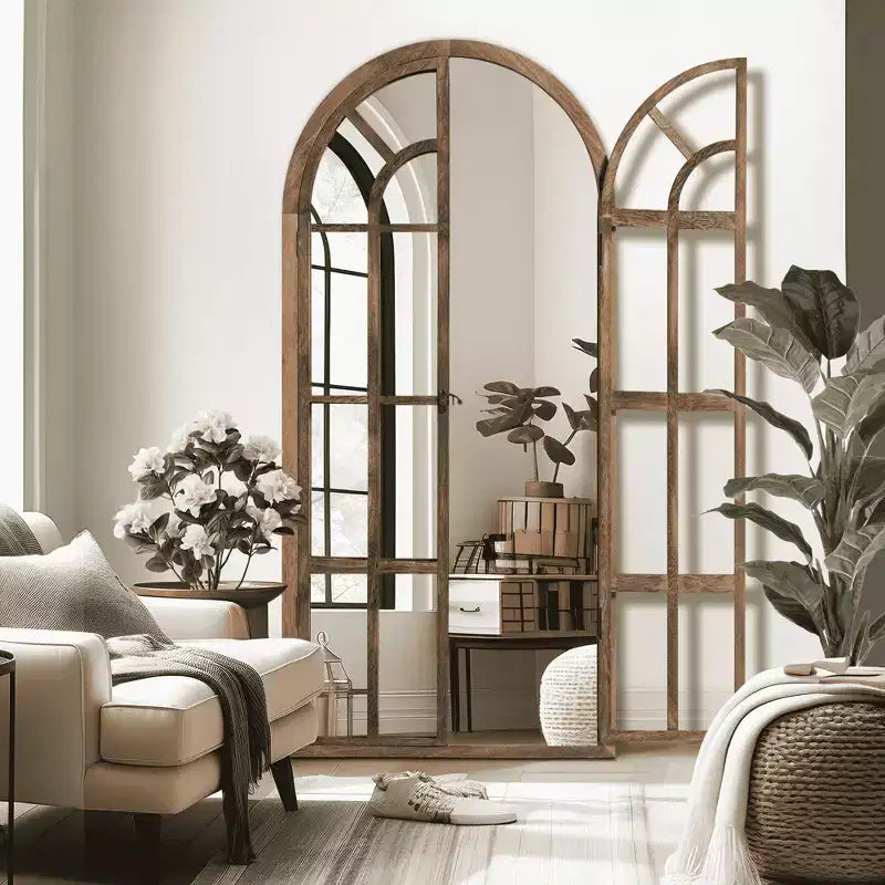 Specchio a figura intera Griglia in legno massello ad angolo retto ad arco 71x31x1 pollici Apribile Senza Supporto