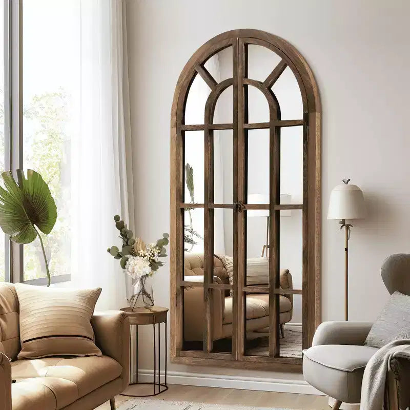 Specchio a figura intera Griglia in legno massello ad angolo retto ad arco 71x31x1 pollici Apribile Senza Supporto