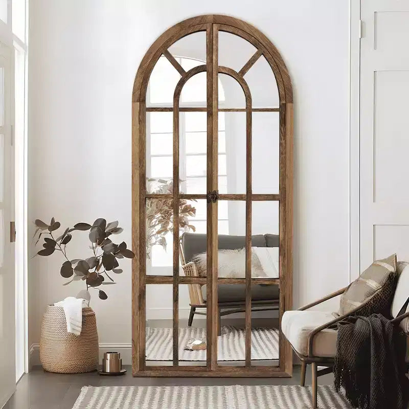 Specchio a figura intera Griglia in legno massello ad angolo retto ad arco 71x31x1 pollici Apribile Senza Supporto