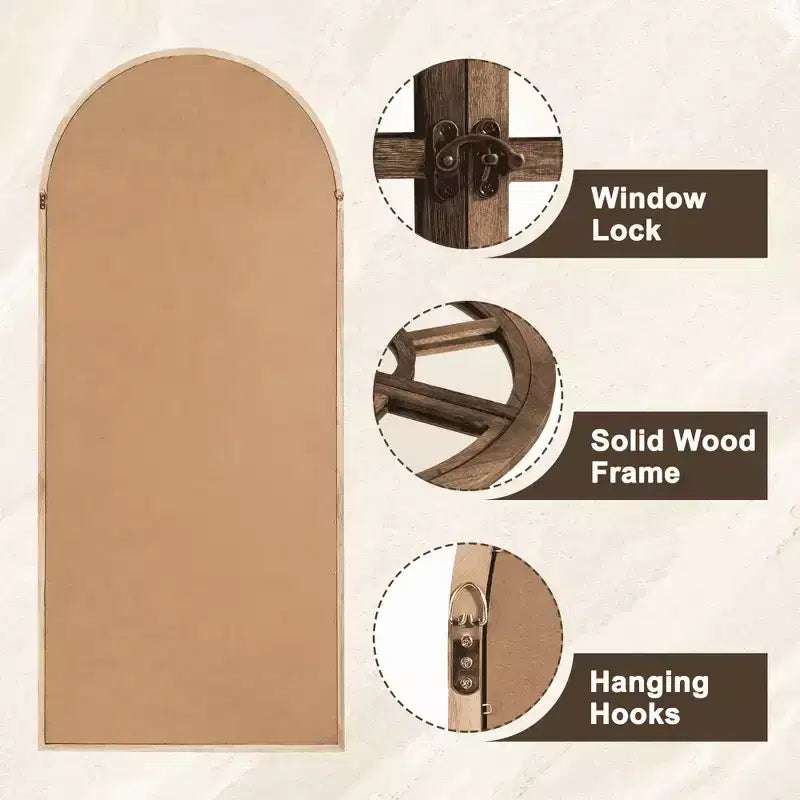 Specchio a figura intera Griglia in legno massello ad angolo retto ad arco 71x31x1 pollici Apribile Senza Supporto