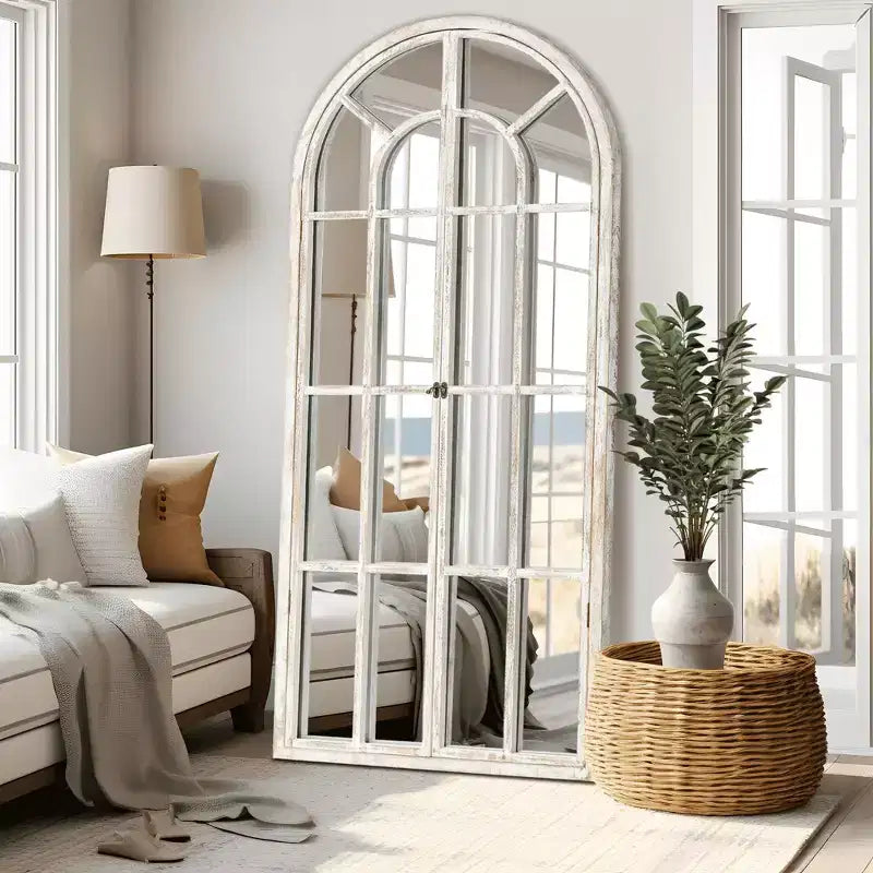 Specchio a figura intera Griglia in legno massello ad angolo retto ad arco 71x31x1 pollici Apribile Senza Supporto