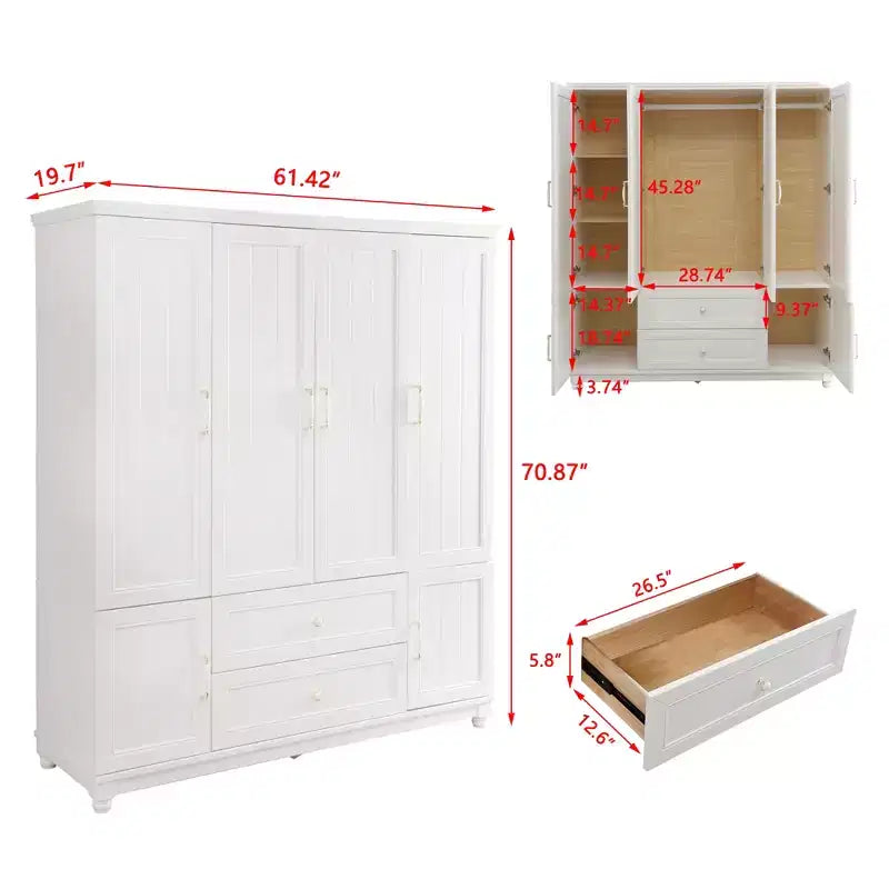 Armadio in legno bianco da 156 cm con 2 cassetti, asta appendiabiti e ripiani