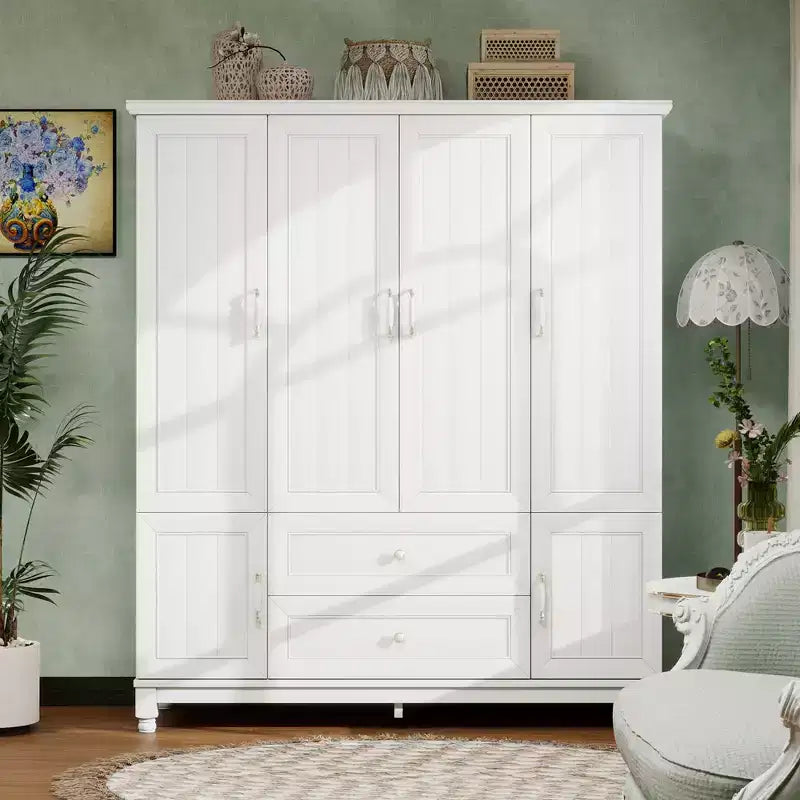 Armadio in legno bianco da 156 cm con 2 cassetti, asta appendiabiti e ripiani