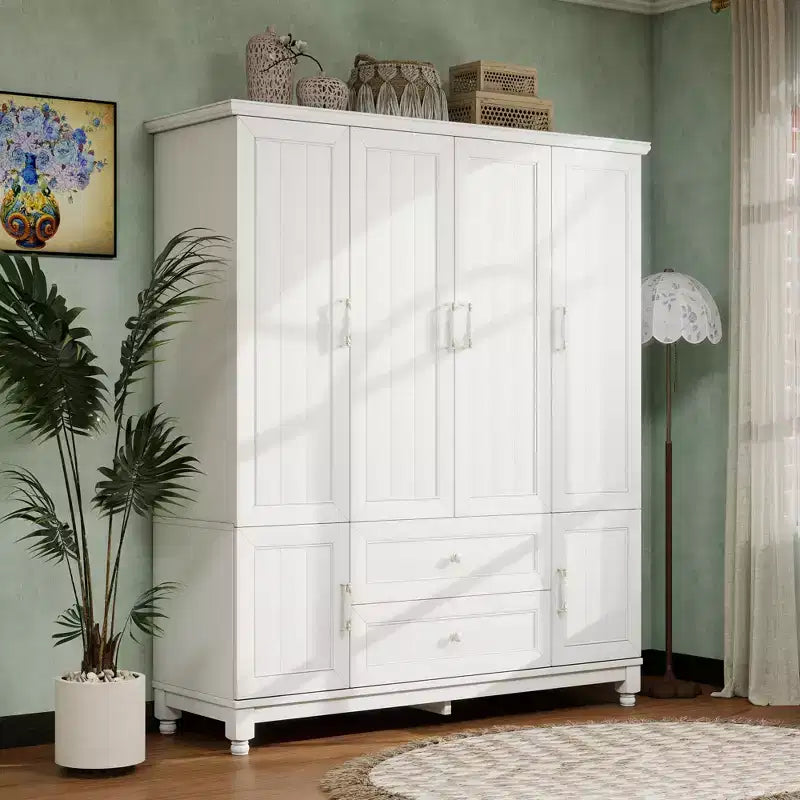 Armadio in legno bianco da 156 cm con 2 cassetti, asta appendiabiti e ripiani