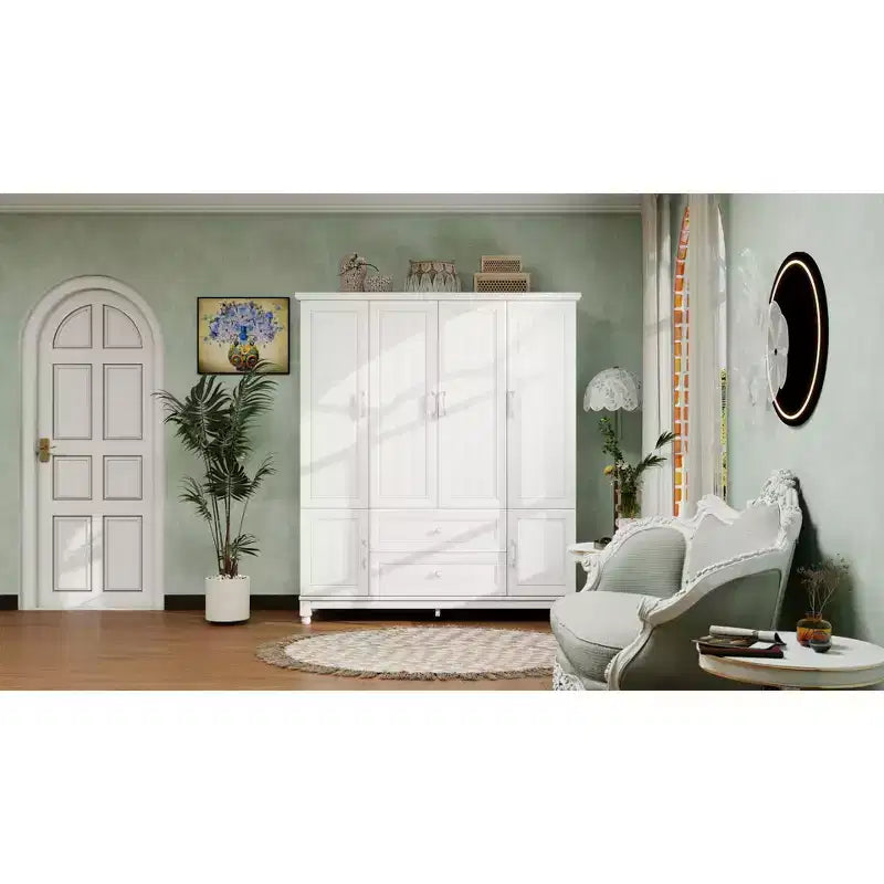 Armadio in legno bianco da 156 cm con 2 cassetti, asta appendiabiti e ripiani