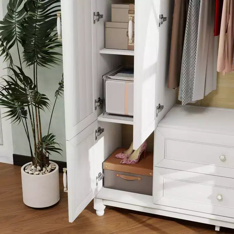 Armadio in legno bianco da 156 cm con 2 cassetti, asta appendiabiti e ripiani