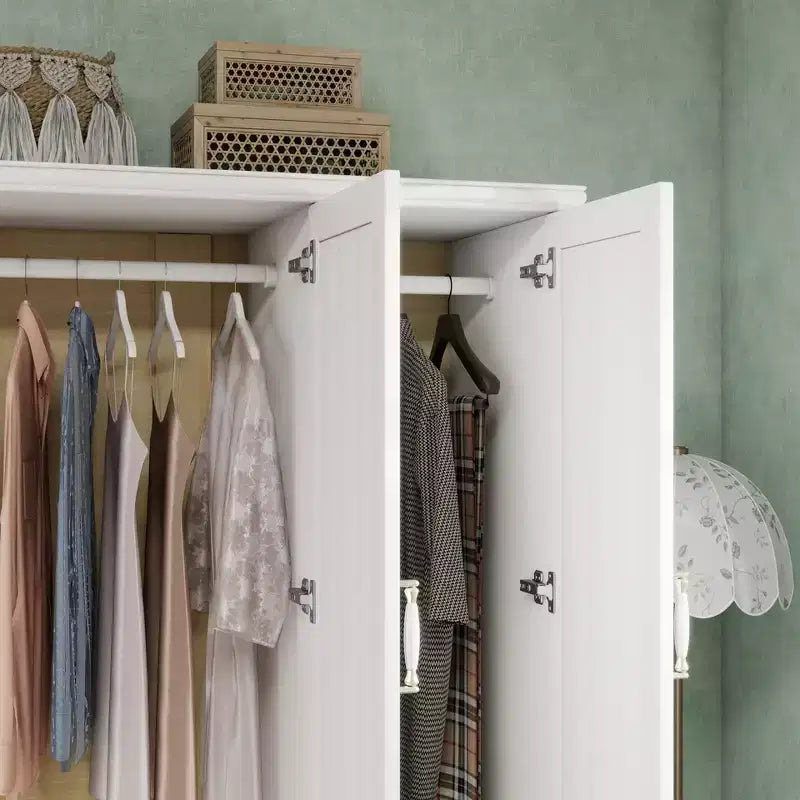 Armadio in legno bianco da 156 cm con 2 cassetti, asta appendiabiti e ripiani