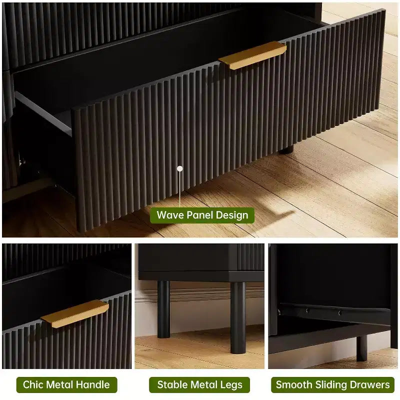 Cassettiera a 3 cassetti scanalata, comò in legno con contenitore, comodino moderno ampio con gambe e maniglie in metallo per camera da letto, soggiorno, corridoio