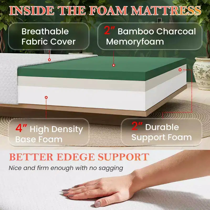 Materasso da 8 pollici in memory foam di carbone di bambù, rigidità media, certificato CertiPUR-US