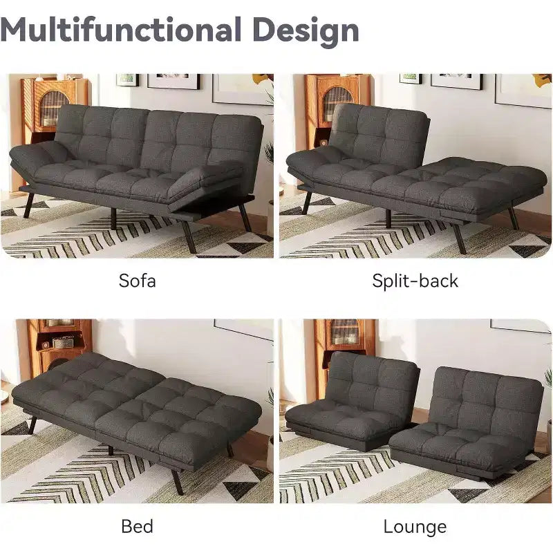 Divano Letto Futon 71", Accogliente Divanetto Trasformabile, Divano in Tessuto Lino con Schienale e Braccioli Regolabili per Soggiorno, Camera degli Ospiti - Grigio Chiaro