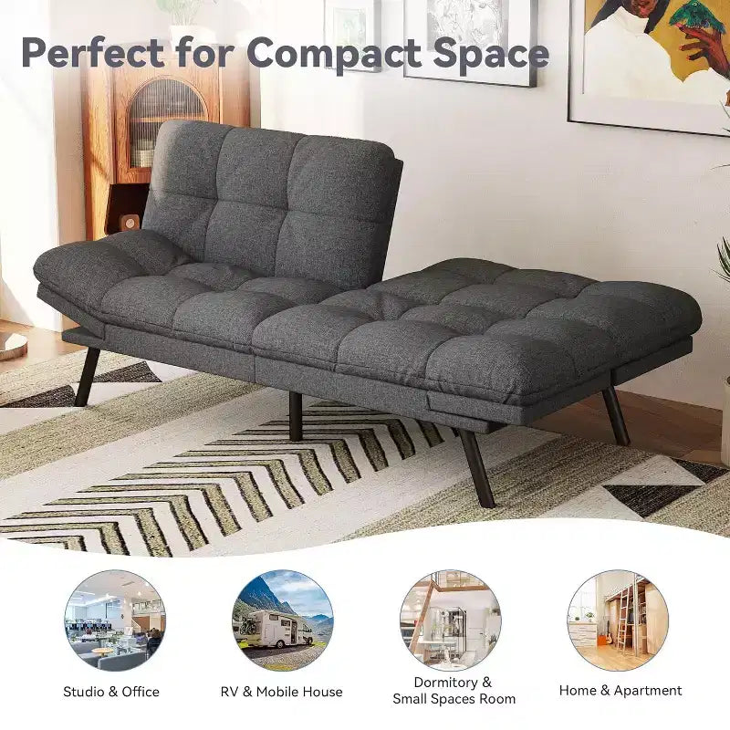 Divano Letto Futon 71", Accogliente Divanetto Trasformabile, Divano in Tessuto Lino con Schienale e Braccioli Regolabili per Soggiorno, Camera degli Ospiti - Grigio Chiaro