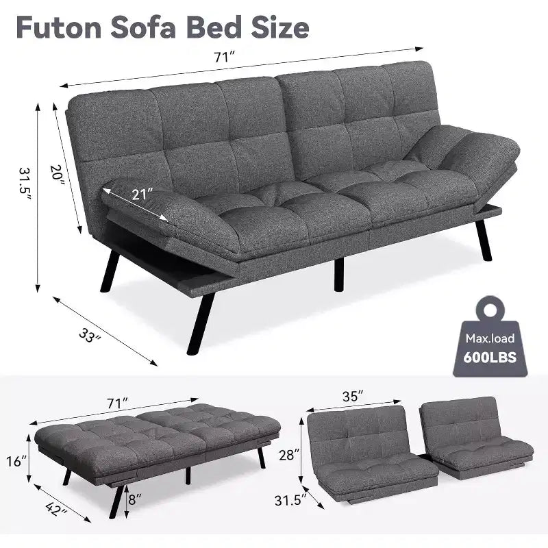 Divano Letto Futon 71", Accogliente Divanetto Trasformabile, Divano in Tessuto Lino con Schienale e Braccioli Regolabili per Soggiorno, Camera degli Ospiti - Grigio Chiaro