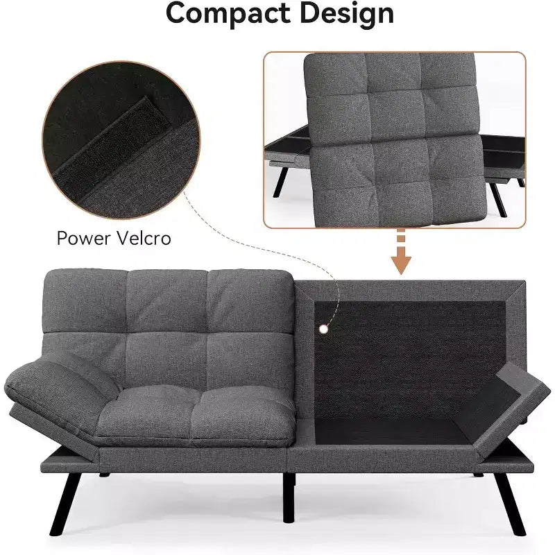 Divano Letto Futon 71", Accogliente Divanetto Trasformabile, Divano in Tessuto Lino con Schienale e Braccioli Regolabili per Soggiorno, Camera degli Ospiti - Grigio Chiaro