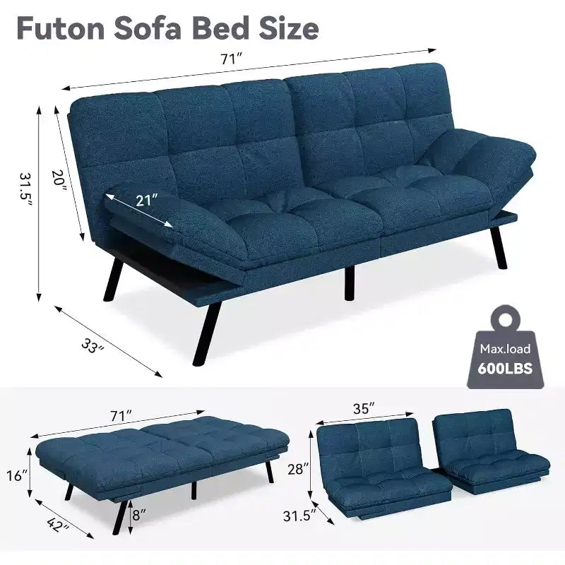 Divano Letto Futon 71", Accogliente Divanetto Trasformabile, Divano in Tessuto Lino con Schienale e Braccioli Regolabili per Soggiorno, Camera degli Ospiti - Grigio Chiaro