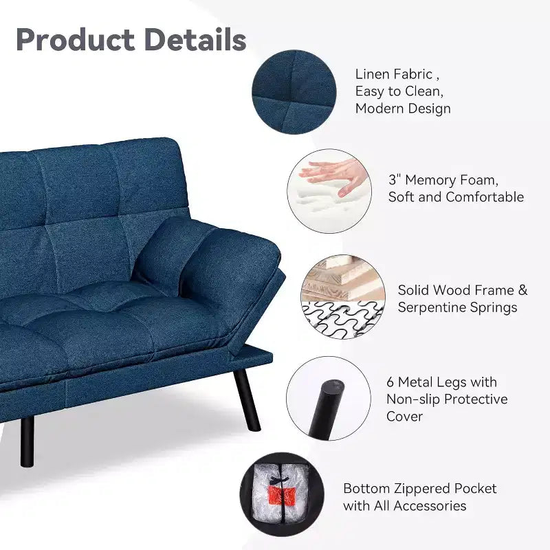 Divano Letto Futon 71", Accogliente Divanetto Trasformabile, Divano in Tessuto Lino con Schienale e Braccioli Regolabili per Soggiorno, Camera degli Ospiti - Grigio Chiaro