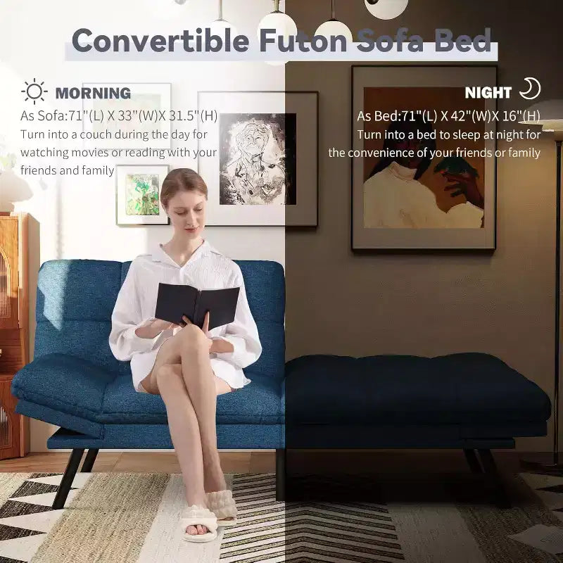 Divano Letto Futon 71", Accogliente Divanetto Trasformabile, Divano in Tessuto Lino con Schienale e Braccioli Regolabili per Soggiorno, Camera degli Ospiti - Grigio Chiaro