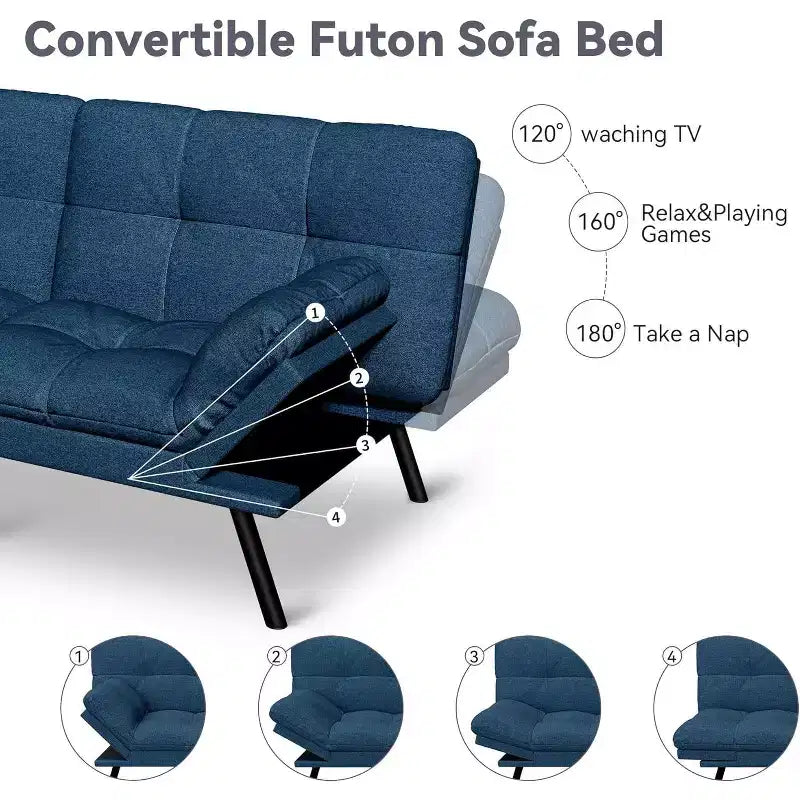 Divano Letto Futon 71", Accogliente Divanetto Trasformabile, Divano in Tessuto Lino con Schienale e Braccioli Regolabili per Soggiorno, Camera degli Ospiti - Grigio Chiaro