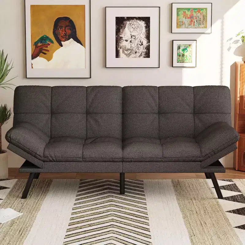Divano Letto Futon 71", Accogliente Divanetto Trasformabile, Divano in Tessuto Lino con Schienale e Braccioli Regolabili per Soggiorno, Camera degli Ospiti - Grigio Chiaro