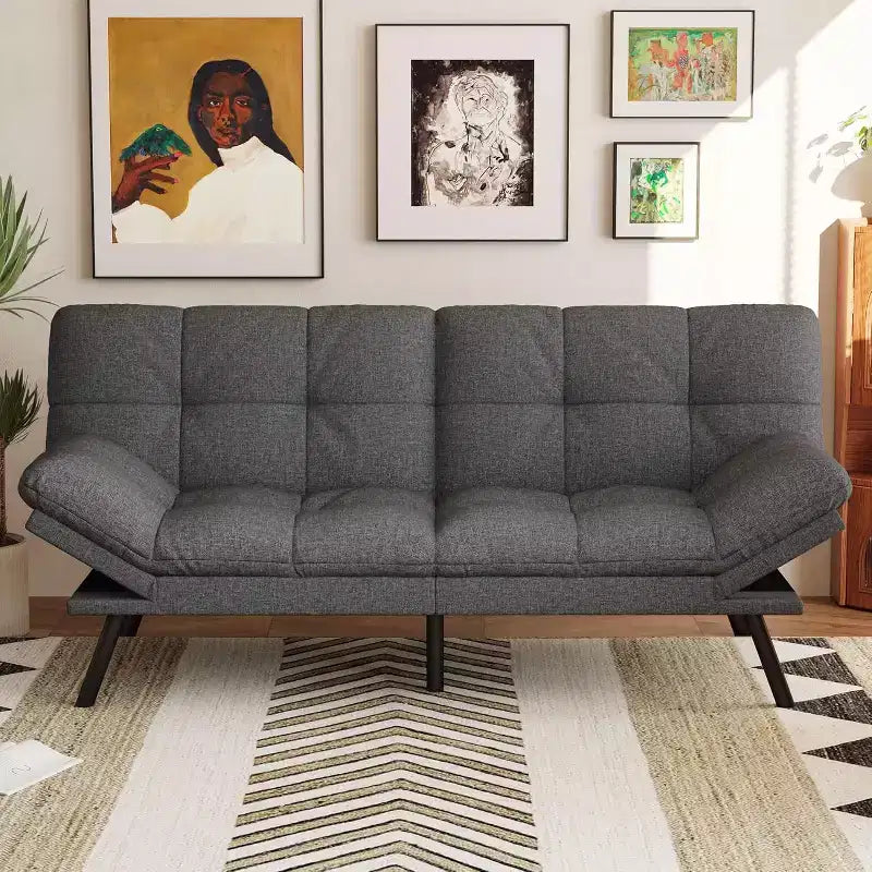 Divano Letto Futon 71", Accogliente Divanetto Trasformabile, Divano in Tessuto Lino con Schienale e Braccioli Regolabili per Soggiorno, Camera degli Ospiti - Grigio Chiaro