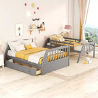 Letto a castello a una piazza e mezza con cassetti, letto a castello in legno trasformabile con due cassetti portaoggetti, telaio letto a castello staccabile in legno massello