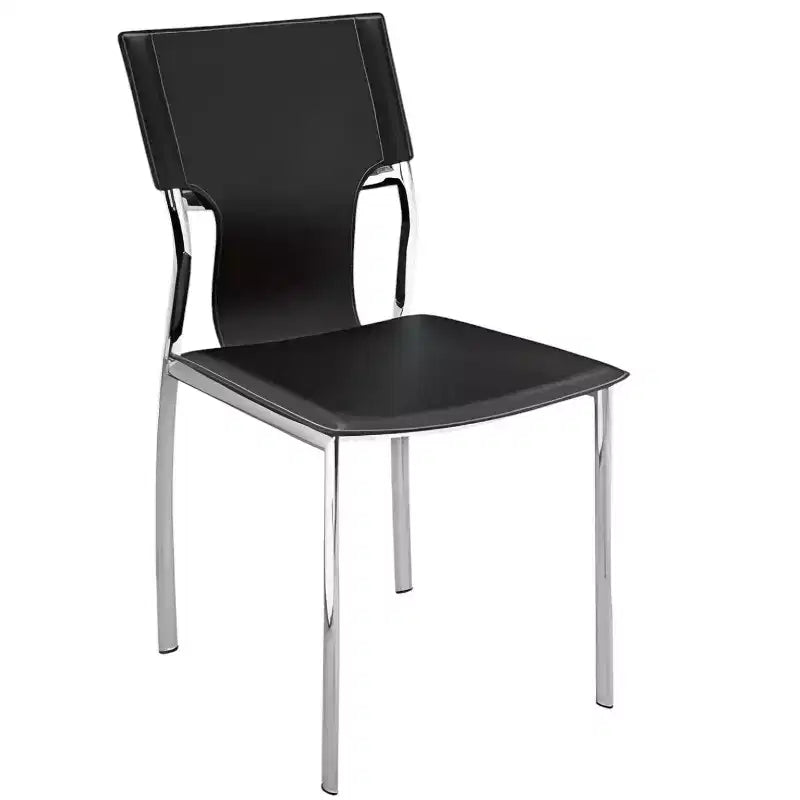 Set di quattro sedie da pranzo laterali con schienale parzialmente aperto in metallo nero e argento e pelle