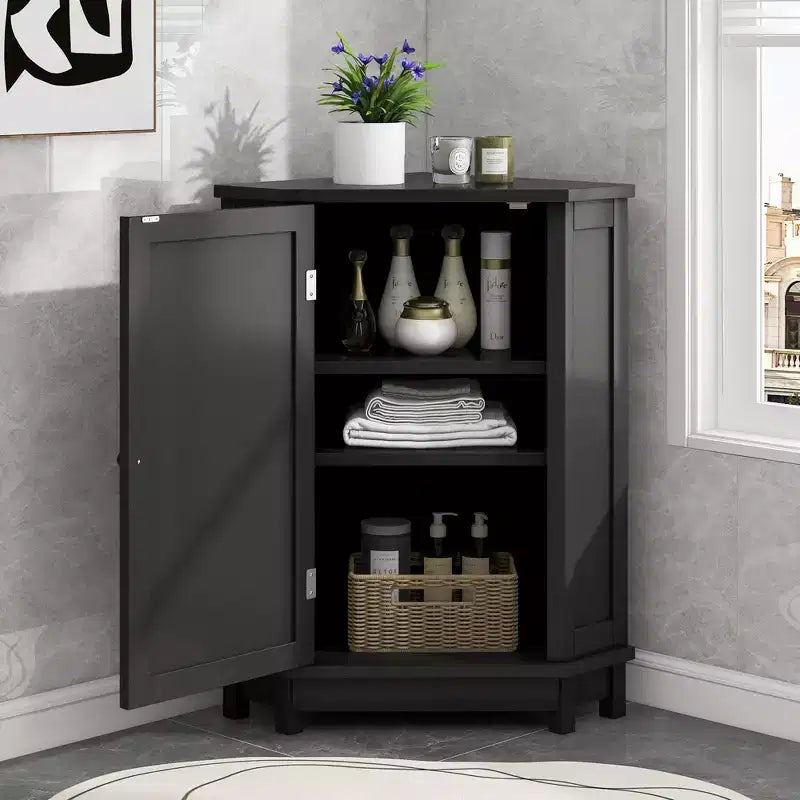 GDFStudio Clara Modern Wood Triangle Freestanding Corner Bathroom Storage Cabinet with Adjustable Shelf