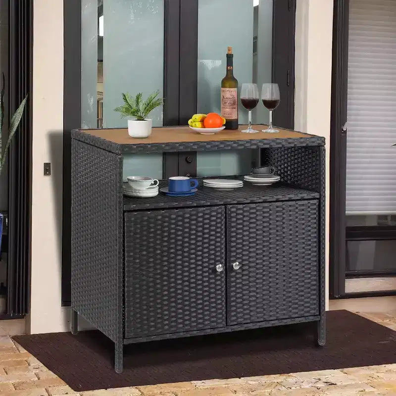 Mobile Contenitore da Esterno in Vimini con Ripiano, Tavolo Bar da Patio a 2 Ante, Rattan PE per Tutte le Staglie e Acciaio Verniciato a Polvere, Organizzatore per Giardino/Piscina
