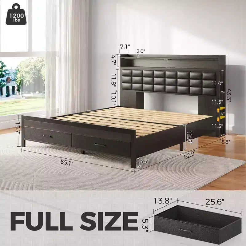 Letto Imbottito Matrimoniale Francese Nero, Strisce LED Dimmerabili, Stazione di Ricarica USB, Testiera Contenitore e 2 Cassetti, Resistente, Facile da Montare